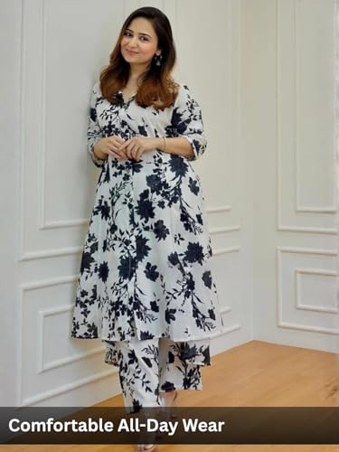 Image of Leriya Fashion Women's Cotton Printed A-Line Kurti Pant Set | Abstract Leaf & Floral Kurta with Trouser Pant | Casual Ethnic Co-ord Set for Women Stylish | Elegant Anarkali Style Tunic Kurta Set