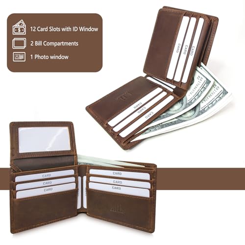 boshiho Men's Wallet With Chain – Distressed Genuine Leather RFID Blocking Biker Wallet with 12 Card Slots & Anti-Theft Chain - Gift for Harley Riders, Dad, Husband (Vintage Cowhide)4