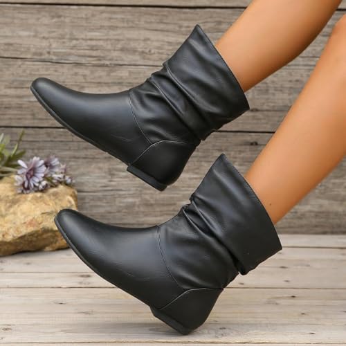 Women's Slouchy Leather Ankle Boots,Fashion Slouchy Ruched Round Toe Slip On Flats Ankle Booties Low Heel Casual Comfortable Winter Fall Mid Calf Dress Short Boots With Side Zipper4