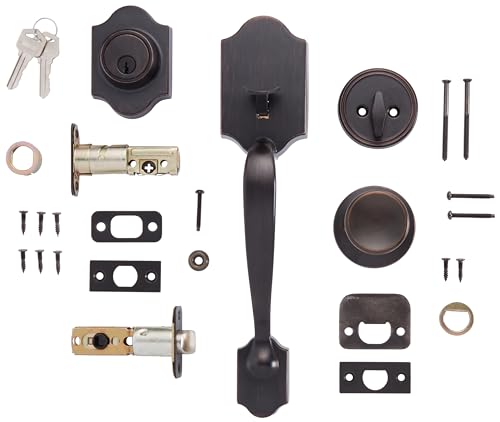Image of Amazon Basics Front Door Lock Set, Handleset with Tulip Knob, Easy Installation, Level Door Handle, Exterior, Single Cylinder, Oil Bronze, 1-Pack