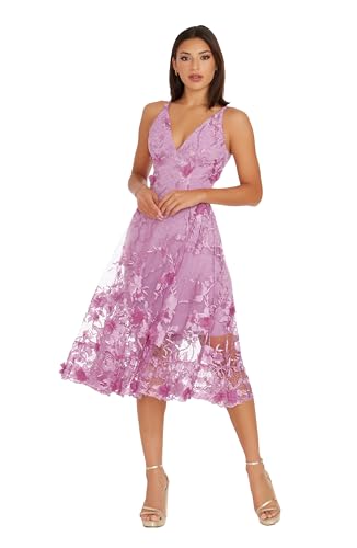 Dress the Population Women's Audrey Spaghetti Strap Midi A-line 3D Floral Dress, Lavender, XL