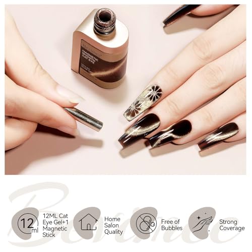 Bevimee Cats Eye Gel Nail Polish, Dark Brown Magnetic Polish With Magnet, Glitter Holographic Shimmer Cateye Effect, UV Velvet Nail Art Manicure Salon DIY Home, 12ML — view 5