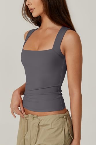 Image of QINSEN Women's Square Neck Sleeveless Double-Layer Tank Tops Basic Tight T Shirts