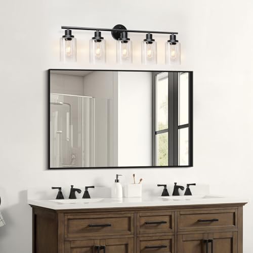 Image of Unicozin Modern Bathroom Light Fixtures, 5 Light Vanity Lights, Black Wall Lamp with Clear Glass for Bathroom, Mirror, Living Room, Bedroom, Hallway, E26 Base
