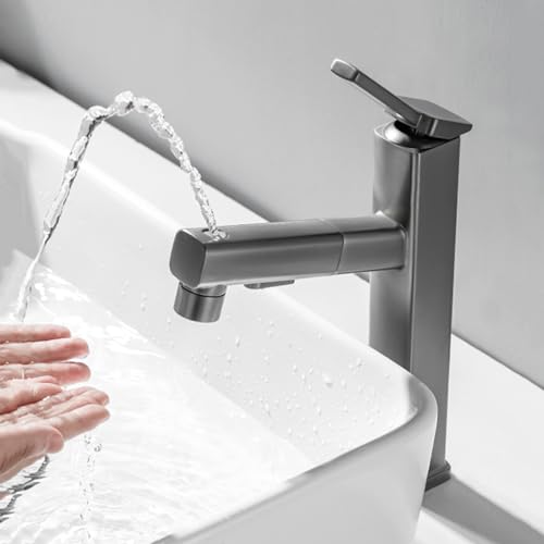 Mitigeur de lavabo gris haut : fini les éclaboussures grâce au spray extractible 3 modes
