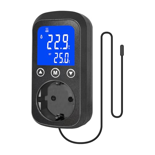 Prise avec régulateur de température numérique HIADA avec capteur étanche, Prise thermostatique pour Le contrôle du Chauffage et du Refroidissement, Interrupteur...