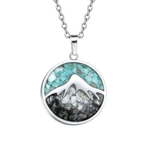 Lauren-Spencer Gemstone Mountain Necklace for Women Turquoise Sodalite Tumbled Chips Pendant Necklace Dainty Circle Mountain Range Necklaces for Women Girls Nature Jewelry Gift, Stainless Steel,
