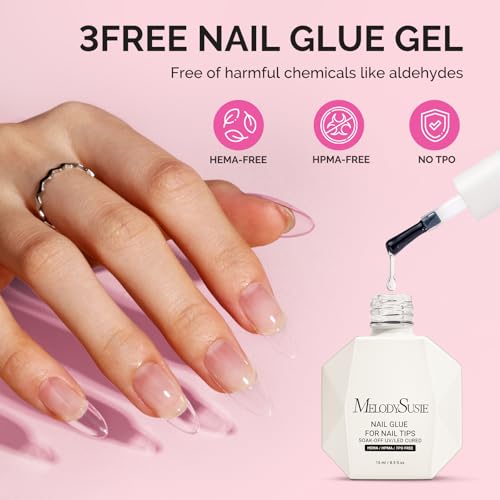 Image of MelodySusie 3Free 5 in 1 Nail Glue Gel for False Nail Tips, NO Hema HPMA TPO, Super Sticky and Strong Adhesion, Rhinestone, Blooming Gel, Base Coat, UV Lamp Curing Needed,2 Pcs 15ml