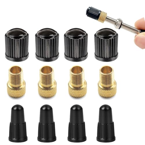 Kit Adaptador Válvula Dunlop y Sclaverand a Válvula Schrader, 12 piezas, 4 x Válvula DV + SV a AV, 4 x Bonete Coche, 4 x Bonete Presta, Adaptador Válvula Bicicleta, Adaptador Válvula Rueda Presta