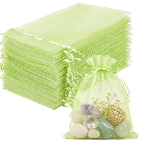 Image of FUNFERY 100PCS Apple Green Sheer Organza Bags 3x4 in, Goodie Bags Bulk | Small Mesh Gift Bag with Drawstring for Wedding Party Favor, Drawstring Pouch for Jewelry, Sachet Bags for Treat, Candy, Soap
