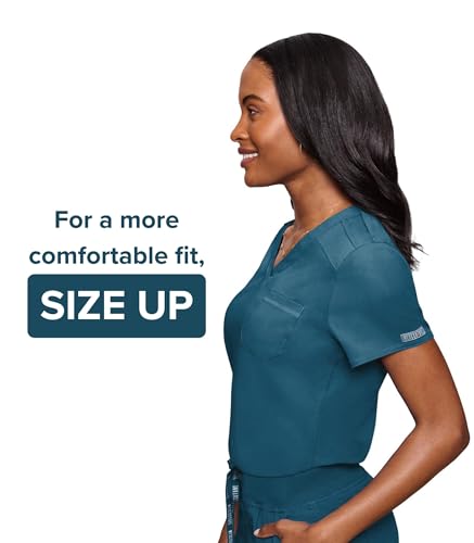 Image of Med Couture Women's V-Neck Scrub Top, Modern Fit Tuck-in Top with Stretchy Rib-Knit Shoulders and Chest Pocket - MC7448