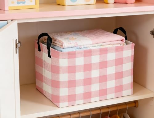 Image of Rectangular Kids Baskets Pink Basket Cute Storage Bins Organizer Box Boys Room Decor for Home.(Pink grid)