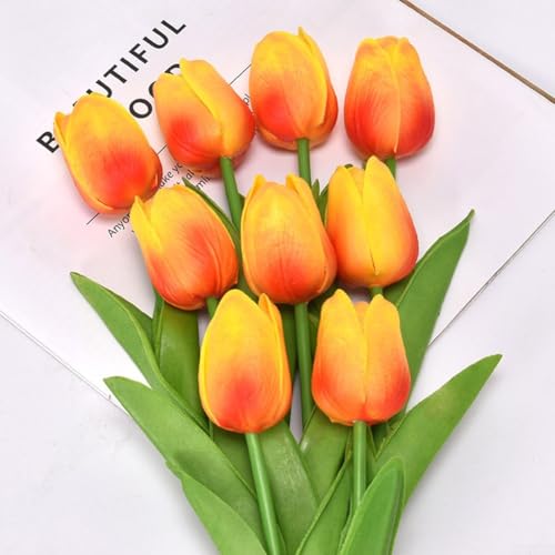 Ramo de tulipanes artificiales para decoración de bodas y hogar, flores falsas realistas con tacto real (naranja)