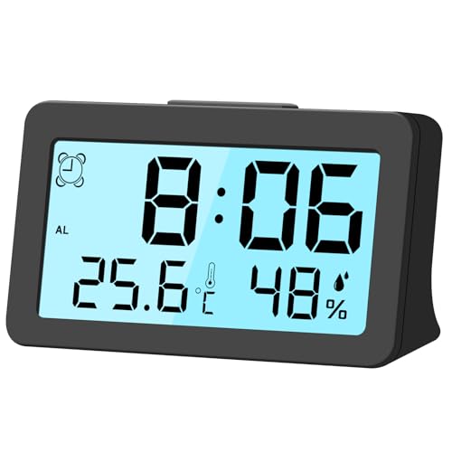 LXSZRPH Digital Alarm Clock, Mini Desk Clock, Backlight, Loud Volume, Battery Operated, Temperature Humidity Display, LCD, Easy to Use, Portable (1, Black)