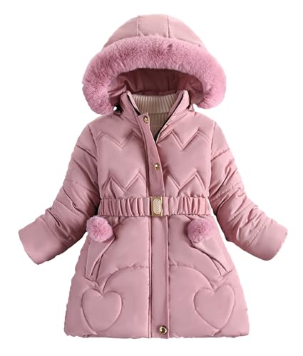 Happy Cherry Girls Winter Coat Heavyweight Fleece Kids Snow Puffer Jacket Hooded Warm With Waist Belt and Pockets