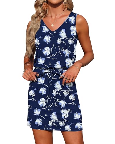 Image of AUSELILY Womens Summer Sleeveless V-Neck Drawstring Waist Beach Cover up Mini Short Swing Dresses with Pockets