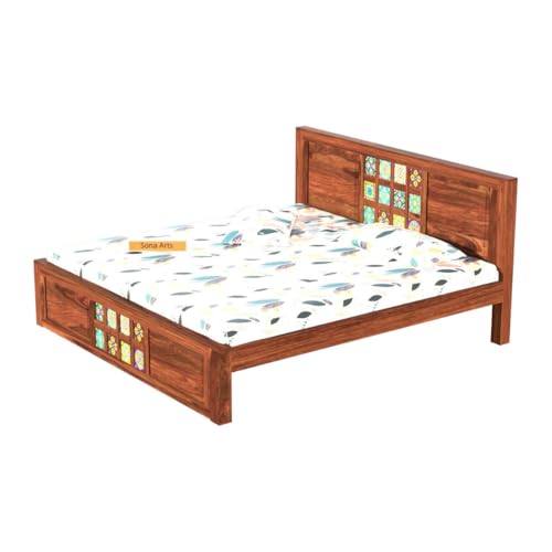 Image of SONA ART & CRAFTS Taurus Solid Sheesham Wood King Size Bed Without Storage (78x72) with 2 Bedside Table, Double Bed King Size Cot for Bedroom (Natural Finish)