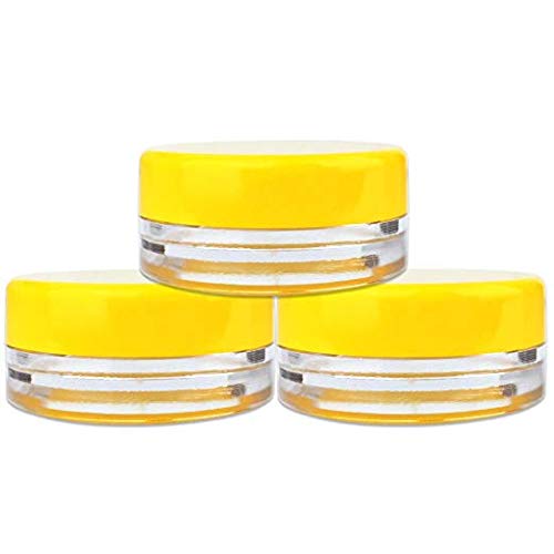 Beauticom 3g/3ml (0.1 Fl Oz) Round Clear Plastic Jars with Round Top Lids for Creams, Lotions, Make Up, Powders, Glitters, and more. (Color: Yellow Lid Quantity: 50 Pieces)