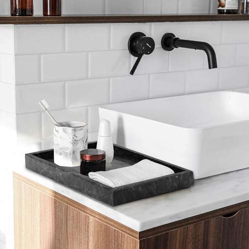 Image of Marble Bathroom Tray,Pure Natural Vanity Tray,Marble Trays for Kitchen Counter Non-Ceramic /Non-Resin,Stone Tray 12 x 8 inch (Black)