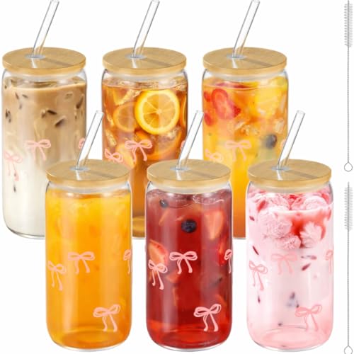 FELISTORY 6 Pcs Cute Glass Cups with Lids and Straws, 16 fl oz Pink Glass Cups Tumbler Iced Coffee Glasses for Women, Sister, Young Ladies, Bow Theme Party Favors - image 4