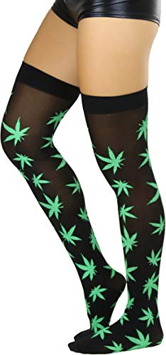 Image of ToBeInStyle Women's Thigh High Stockings Bodystocking Tights Medicinal Cannabis Marijuana Weed Leaf Print Festival Hosiery