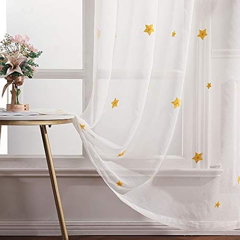 MIULEE Vorhang Gardine 2er Set Voile Sterne Stickerei Ösenvorhang Transparent Dekoschal Ösen Sheer Schals Fensterschal Cover