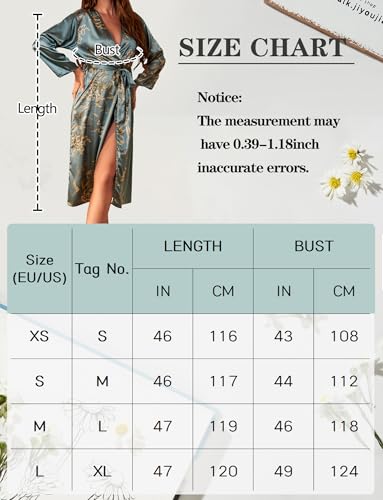 FEOYA Damen Satin Bademantel Morgenmantel Lang Seide Kleid V Ausschnitt Lange Robe Hausmantel Nachtwäsche für Spa Haus und Hotel Grün L
