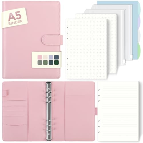 SKYDUE A5 Ringbuch, Ringbuch A5 Nachfüllbar,135 Blätter Nachfüllpapier, Notizbuch Mit Bindertaschen, a5 Binder Für Schulnotizen Und Reisetagebücher (Hellrosa)