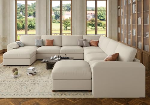 Image of EASE MOOSE Faux Leather Sectional Couch, Oversized Modular Sofa, Modern Comfy Modular Couch, Scratch Resistant Material Sofas, U Shaped Couch for Big Spaces, Beige