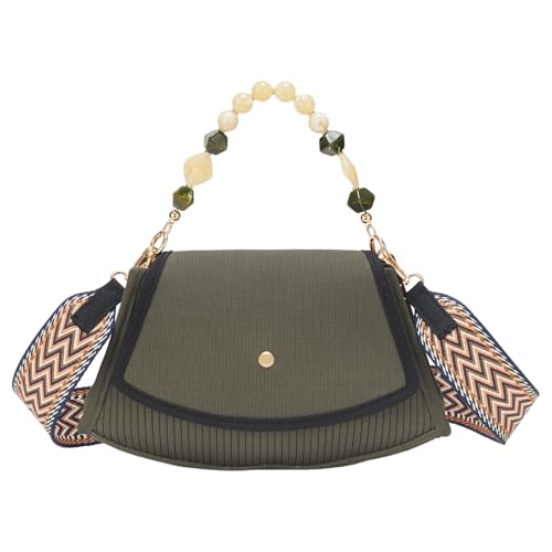 Army Green Canvas Crossbody Bag - Pearl & Jade Beaded Handles with Blue Orange Wave Strap, Women's Handbag Golden Rivets Vintage Trendy Shoulder Purse ﻿ - Main Image