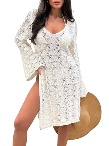 Cache-maillot manches longues crochet robe plage légère maille col large