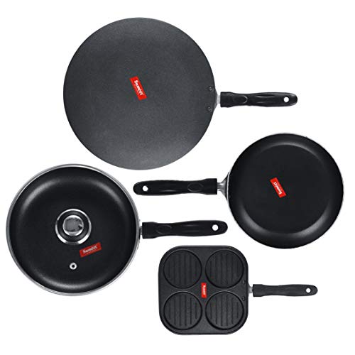 Image of Sumeet NonStick Musta Cookware Set (Mini Multi Snack Maker - 4 Cavity -19.5cm + Frypan with Glass Lid - 1.5Ltr - 22Cm Dia + Tapper pan - 0.6Ltr - 20Cm Dia + Conceve /Roti Tawa - 28Cm Dia)