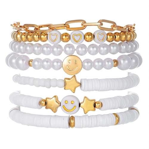 Preppy Heishi Surfer Bracelets Set, Colorful White Gold Smile Heart Star Evil Eye Beaded Polymer Clay Pearl Stackable Charm Y2K Kidcore Aesthetic Summer Beach Jewelry for Women Girls Teens