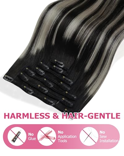 Image of YoungSee 150G Clip in Hair Extensions Balayage Black Mix Silver Hair Extensions Clip ins Black Ombre Clip in Human Hair Extensions Long Straight Hair 24Inch 7Pcs
