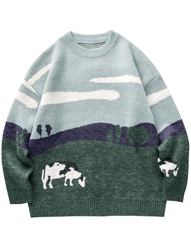 Flygo Men's Cow Sweater Harajuku Oversized...
