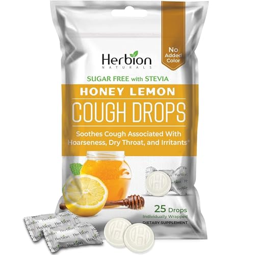 HERBION Naturals Cough Drops Sugar Free with Stevia Dietary Supplement Soothes Cough for Adults & Children Over 6 Years 25 Count Honey Lemon Pack of 1
