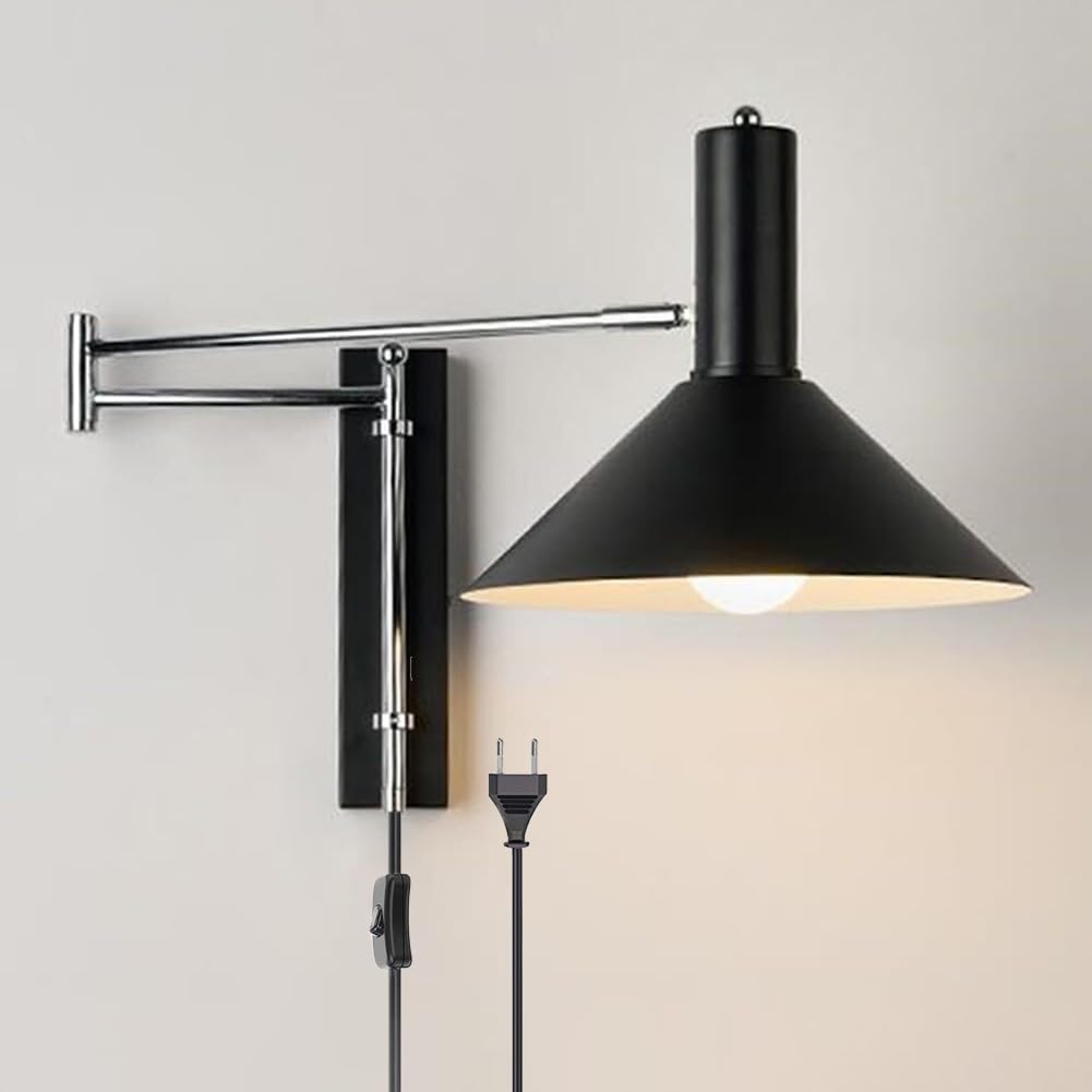 Schwenkarm Wandleuchten mit Schalter und Kabel Wandlampe lnnen Vintage Industrie Wandbeleuchtung Verstellbar Langer Arm Wand Leselampe Drehbare 360 ° Flexarm für Wohnzimmer Büro,Schwarz