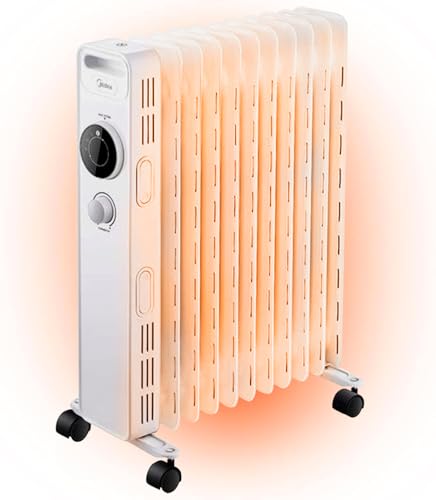 MIDEA Radiador Eléctrico de Aceite 2300W – Calefacción Eléctrica Bajo Consumo de 11 Elementos – 3 Niveles de Potencia, Termostato Ajustable – Calentador con Protección de Sobrecalentamiento y Ruedas