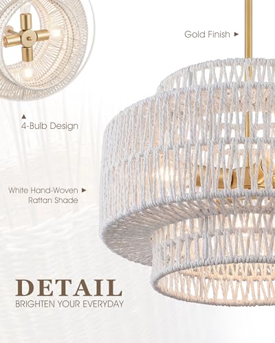 Image of 18 inch Boho Rattan Chandelier, Gold, AD-25050-4P-WH | 4-Light 3-Tier Hand Woven Dining Room Light Fixture, White Pendant Lights for Living Room Kitchen Island, Adjustable Height