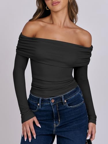 ANRABESS Long Sleeve Shirt for Women 2025 Fall Off Shoulder Slim Fit Tee Top Sexy Going Out Ruched Blouses Y2K Trendy Clothes3