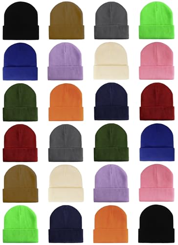 24 Pack Kids Knit Beanies Bulk, Toddler Winter Hat Wholesale Warm Cuffed Caps for Boys Girls
