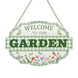 HOURIA 3D Welcome to Our Garden Wood Sign,(11.4”x8”) Gardening Yard Greenhouse Decor,Sage Green Gardening Sign, Flowers Butterfly Garden Decorations for Outside Indoor,Gardening Gifts