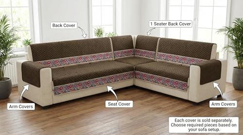 Image of KINGLY L-Shape Sofa Cover 5 Seater 3+2 Velvet Full Cover - Chocolate Brown | Fully covered quilted velvet slipcover, washable anti-slip furniture protector, L-type corner sofa cover for living room