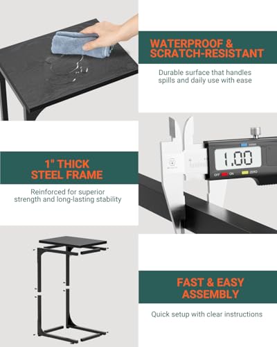 Image of C-Shaped Side Table for Couch - Small Coffee Stand Sofa Tray Desk with Metal Frame and Waterproof Scratch Resistant, Modern End Accent for Living Room, Bedroom, Small Spaces, Black