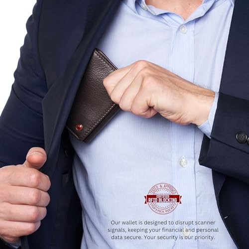 Image of Alpine Swiss Men's Leon RFID Trifold Pocket Wallet - Genuine Leather Wallet for Men, Slim Design with ID Window & Multiple Card Slots, Classic RFID Safe Pocket Wallet in gift box Brown