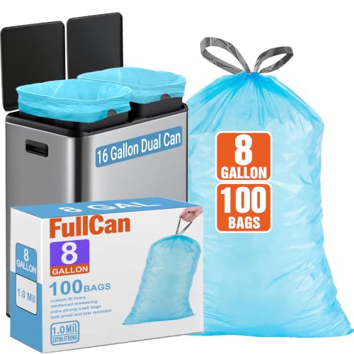 Image of Dual Trash Can bags for Dual Compartment Trash Can (2 x 8 Gallon), 100 count Drawstring Kitchen Garbage Bags, Pre-Separated Blue