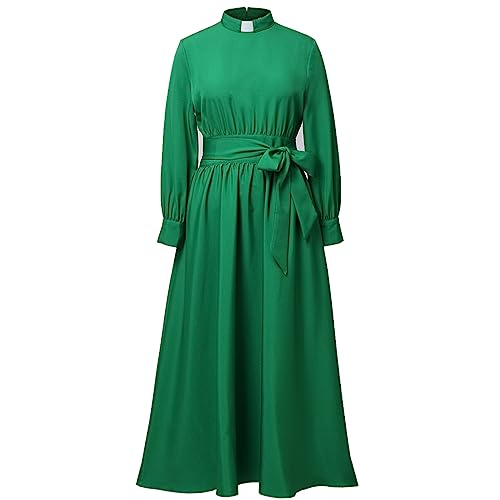 Image of CAMDOM Church Clergy Dress for Women Long Sleeve A Line Elegant Maxi Dress with Tab Insert Stand Collar and BeltA