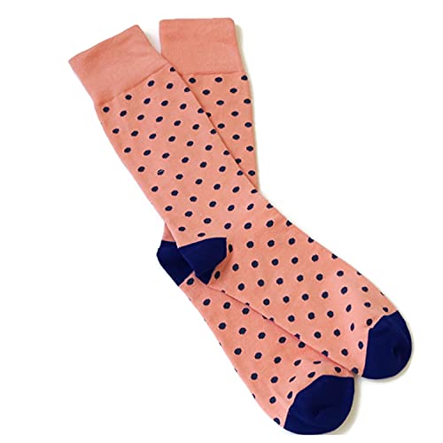 Vango Beauty Men's Mid Calf Socks Wedding Socks Groomsmen Gift Coral Navy Blue Polka Dot Made In USA