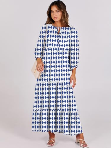 Image of ANRABESS Womens Boho Floral 3 /4 Puff Sleeve Maxi Dress | Tiered Flowy Loose Fit, Comfy Soft Rayon Fabric, Wedding Guest Church Beach, Modest Elegant, Spring Summer Fall Outfits