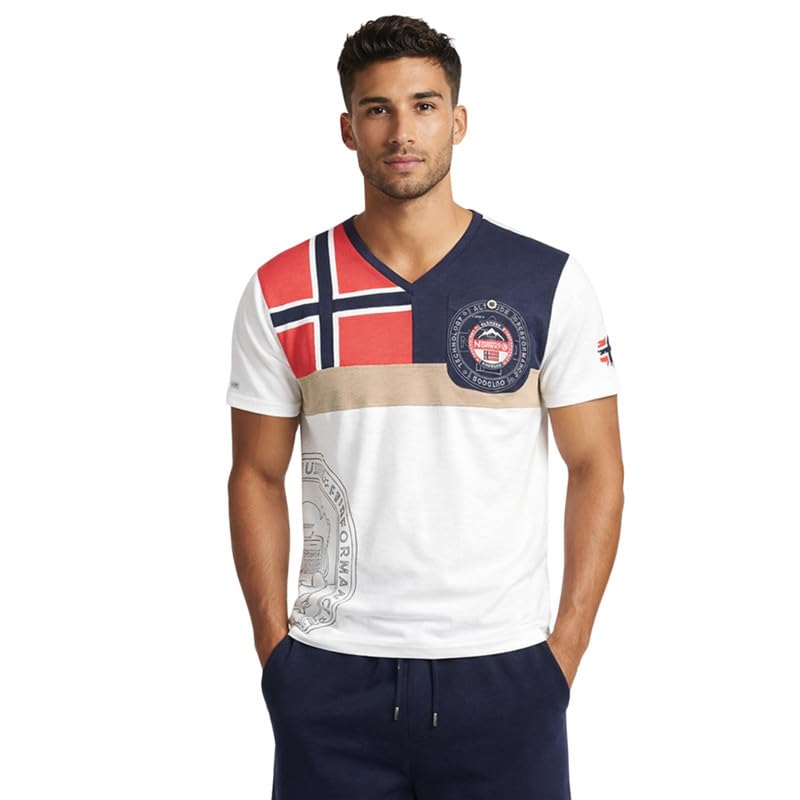 Geographical Norway J-Flag Men t-Shirt Homme col V Manches Courtes – Tee Shirt léger et...